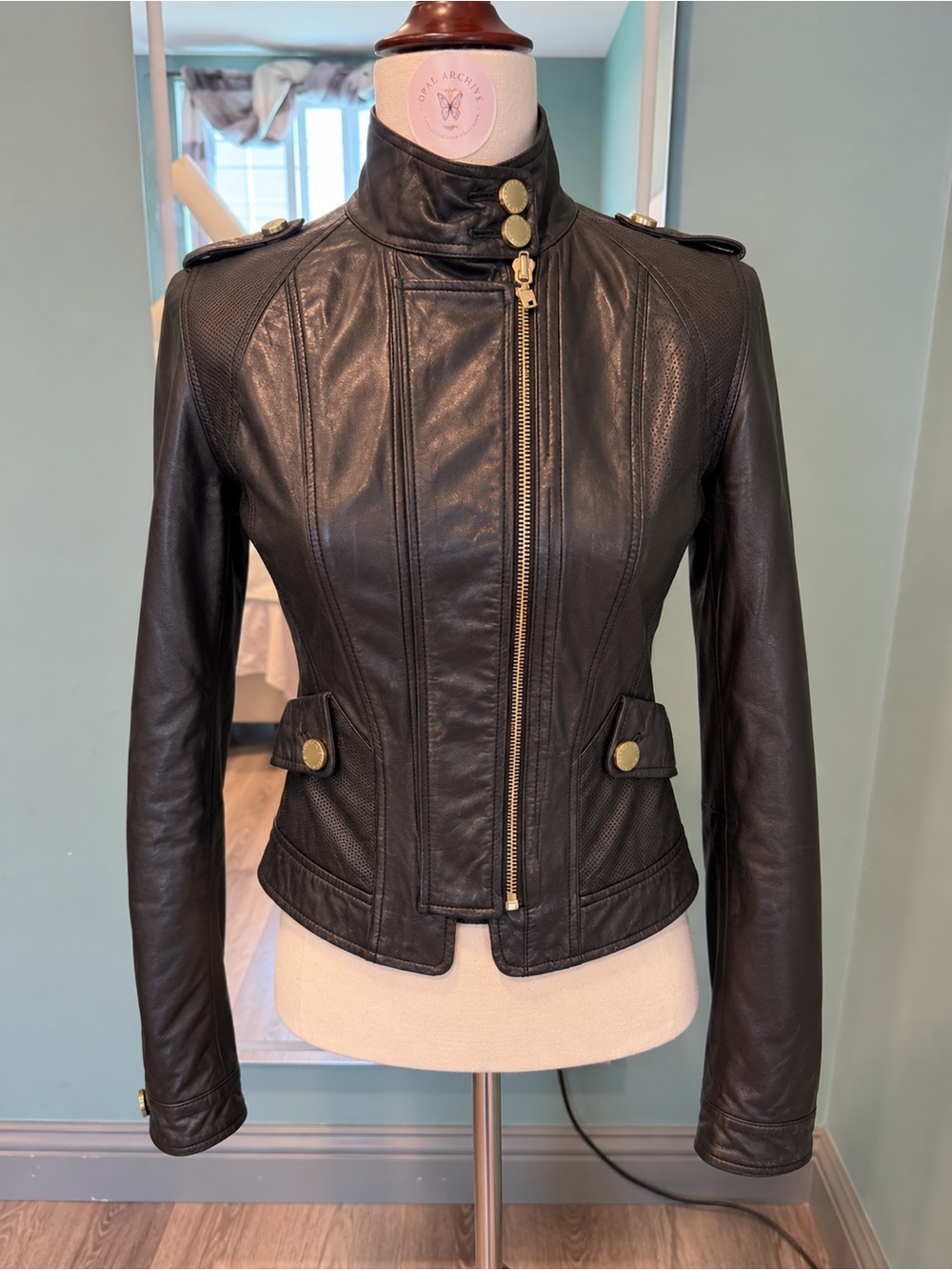 Vintage Washed Lambskin Leather Multi Zip Military Moto Jacket Fitted Cropped XS